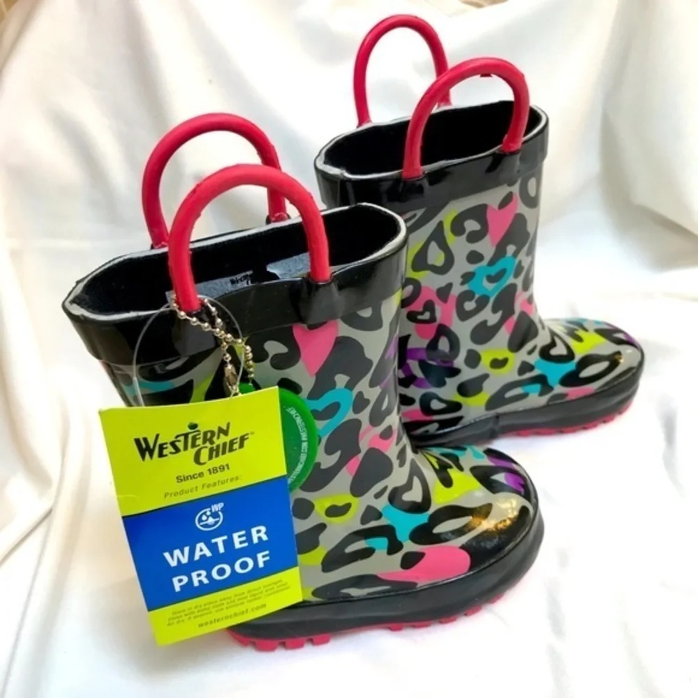 Western Chief Waterproof Groovy Leopard Girls Rain Boots -Size 5  NWT